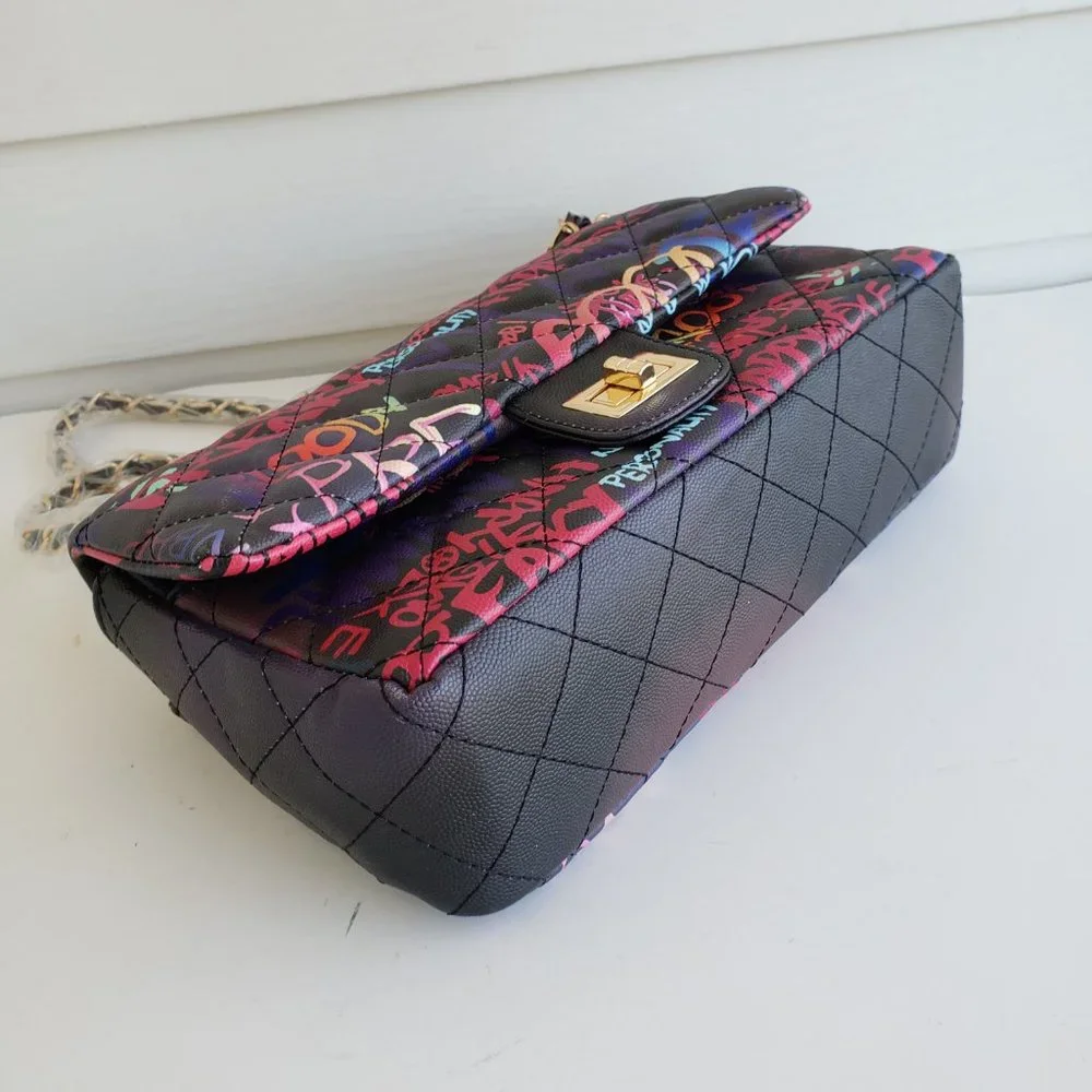 New Graffiti Print Vinyl Handbag with Chain Crossbody Strap - Picture 3 of 7